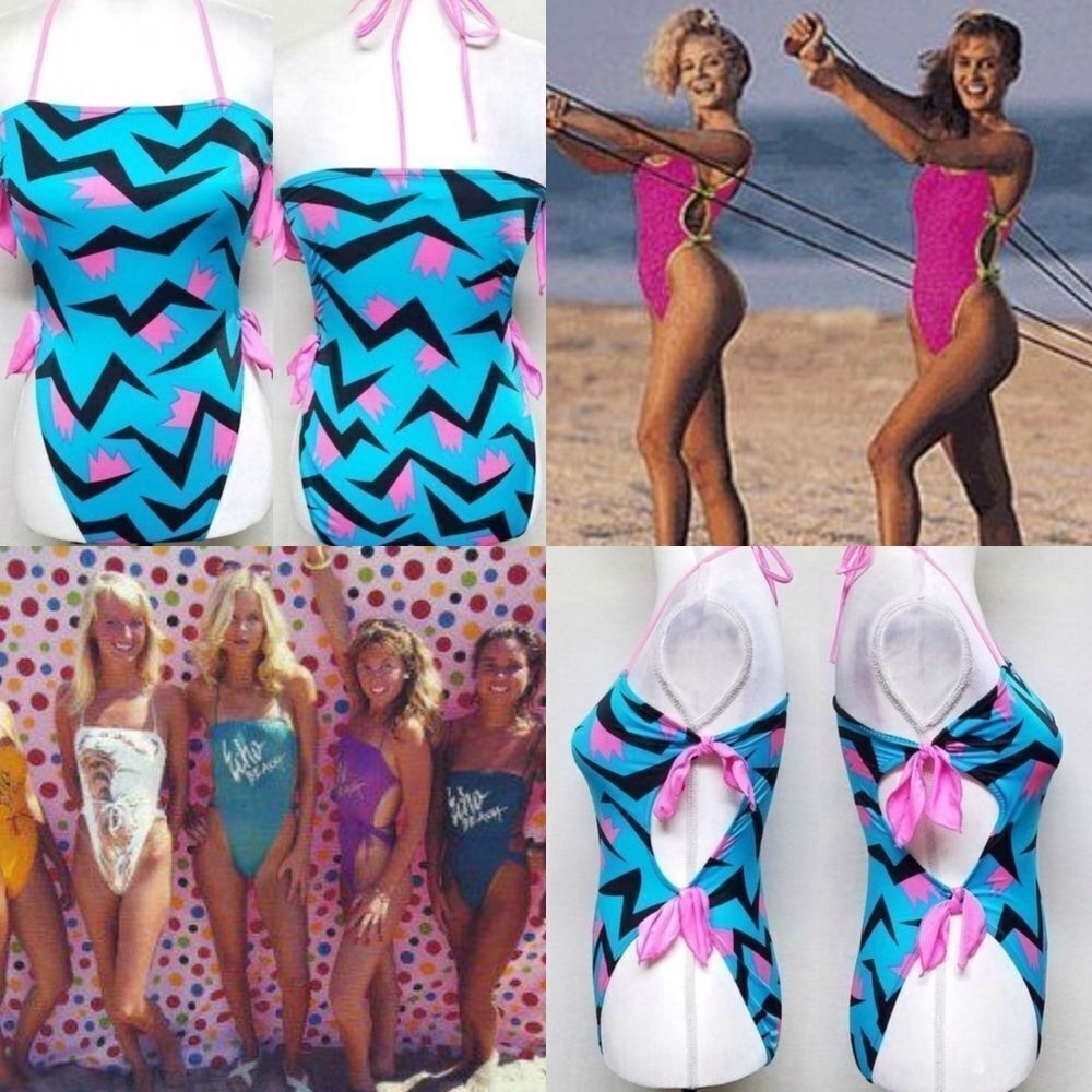 VINTAGE Greensleeves Neon Blue Pink Cut-out Bows Halter Brazilian Swim 11/12